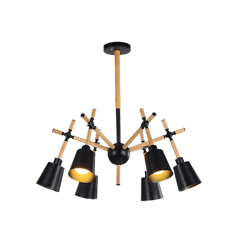 Houten zwenkarm kroonluchter licht Nordic 6 lampen zwart/wit plafondhanger met conische lampenkap Clearhalo