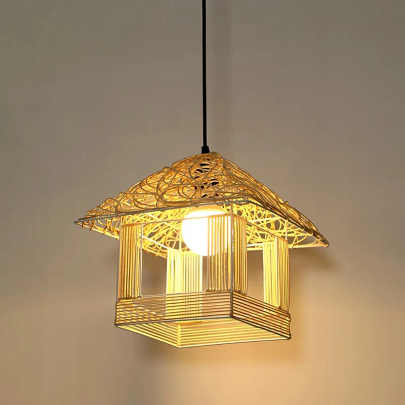 Huisvormige druppelhanger Aziatische bamboe 1-lichts restauranthanglamp beige Clearhalo