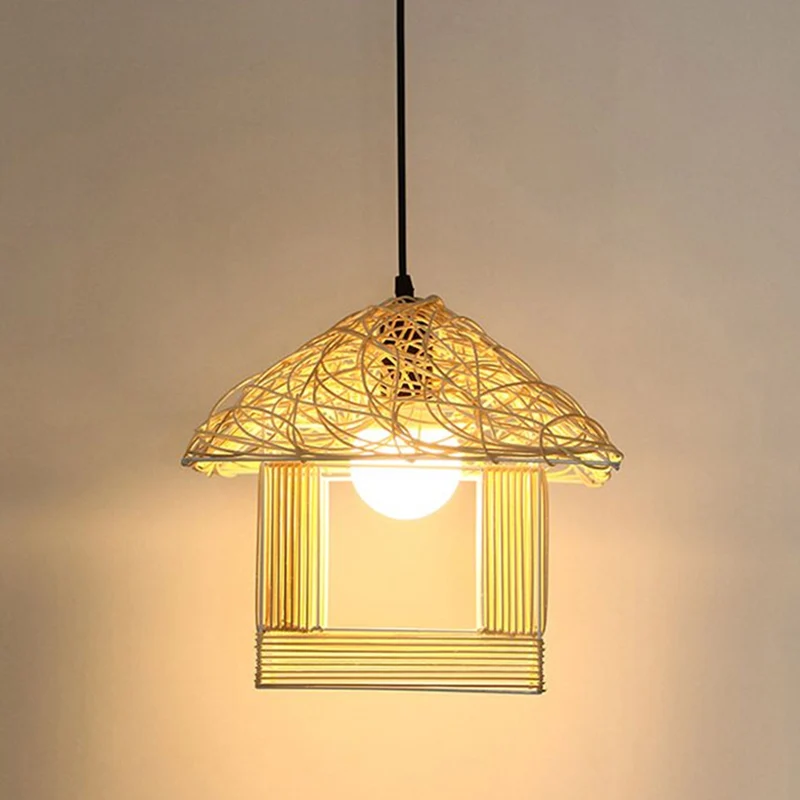 Huisvormige druppelhanger Aziatische bamboe 1-lichts restauranthanglamp beige Clearhalo