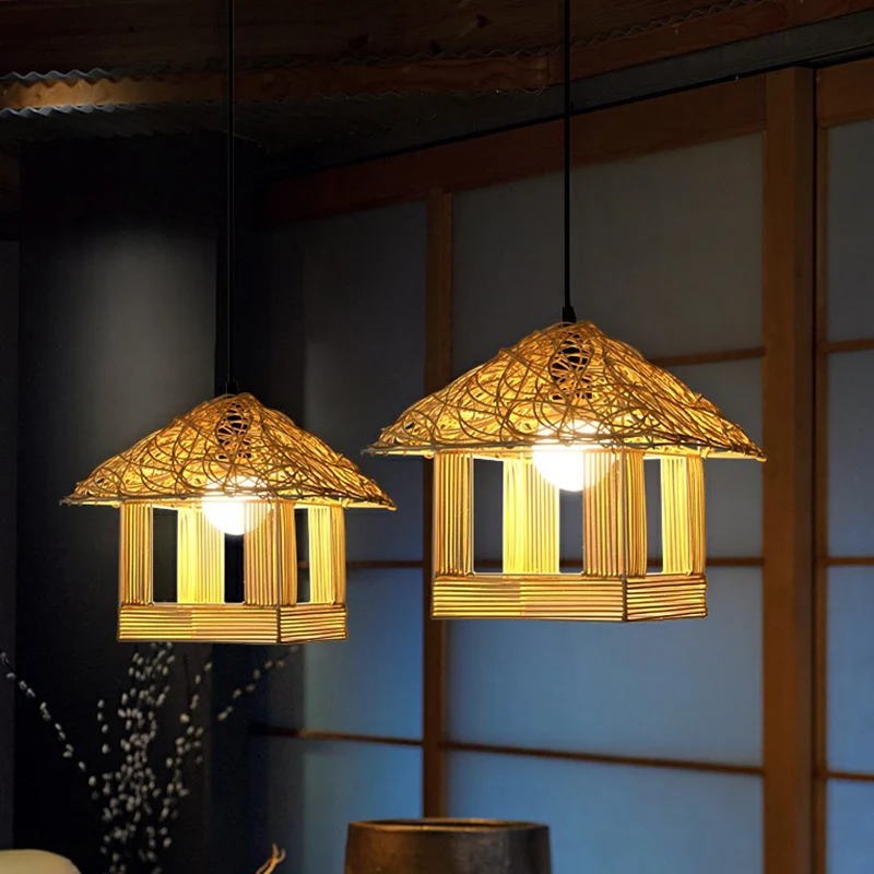 Huisvormige druppelhanger Aziatische bamboe 1-lichts restauranthanglamp beige Clearhalo