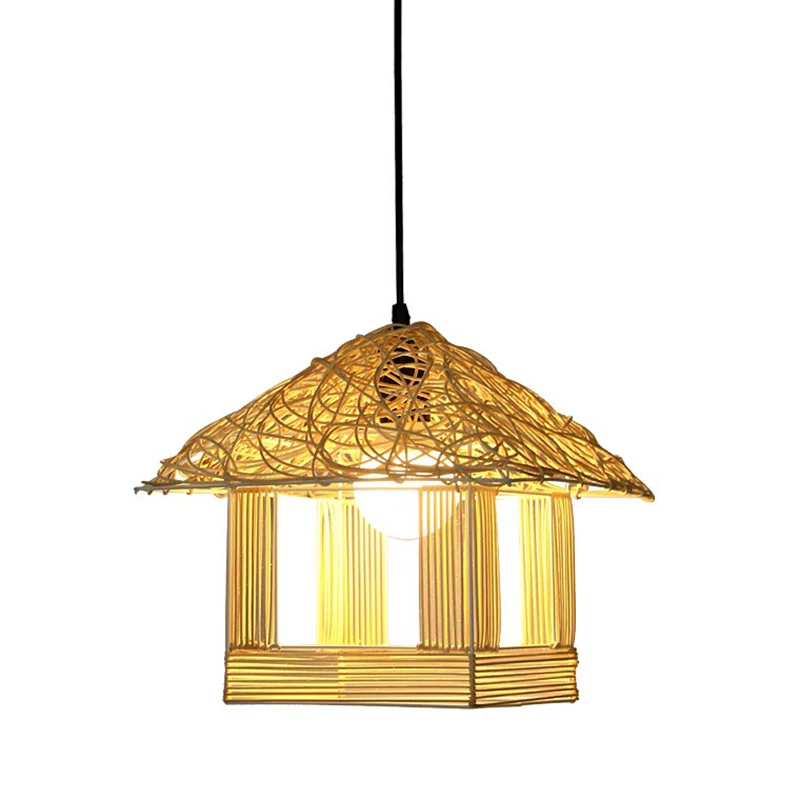 Huisvormige druppelhanger Aziatische bamboe 1-lichts restauranthanglamp beige Clearhalo