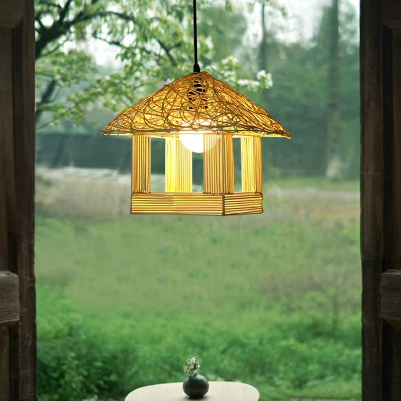 Huisvormige druppelhanger Aziatische bamboe 1-lichts restauranthanglamp beige Clearhalo