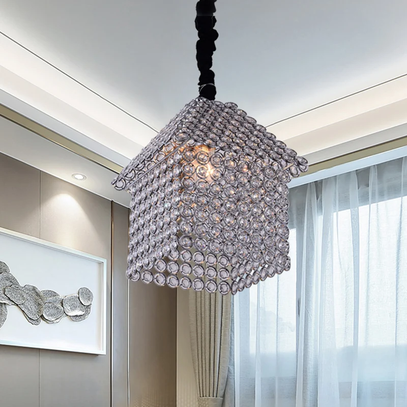 Huisvormige hanglampset Moderne kristallen ingelegde 3-kops hangende kroonluchter met verchroomde afwerking Clearhalo