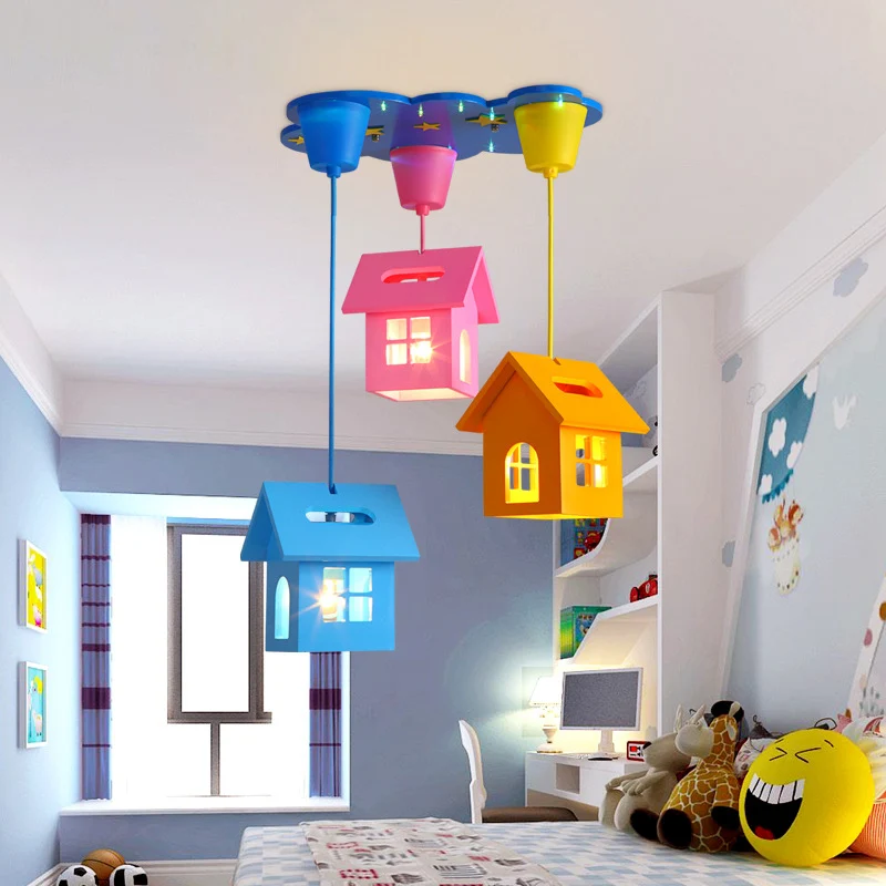 Huisvormige houten multi-hangende lamp Kid 3-lichtblauwe plafondhanger voor slaapkamer Clearhalo