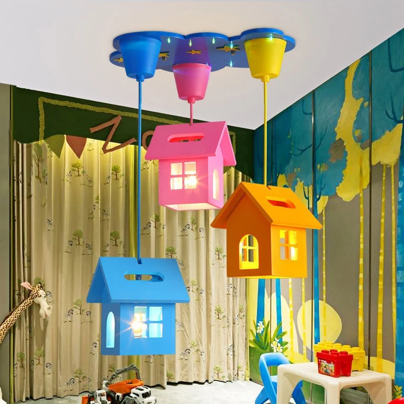 Huisvormige houten multi-hangende lamp Kid 3-lichtblauwe plafondhanger voor slaapkamer Clearhalo