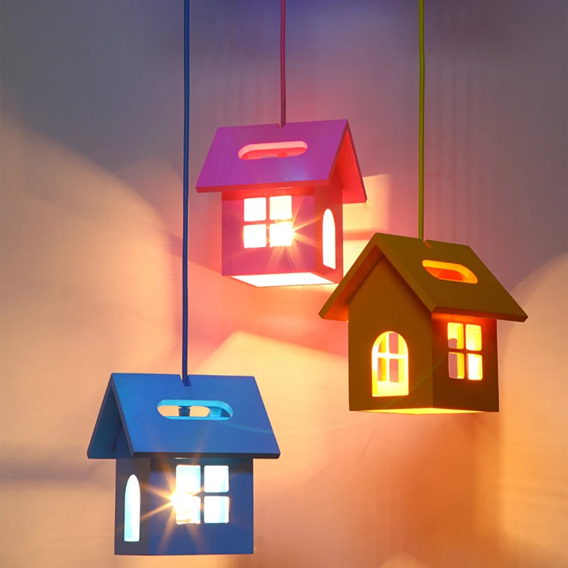 Huisvormige houten multi-hangende lamp Kid 3-lichtblauwe plafondhanger voor slaapkamer Clearhalo