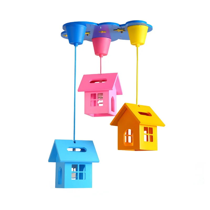 Huisvormige houten multi-hangende lamp Kid 3-lichtblauwe plafondhanger voor slaapkamer Clearhalo
