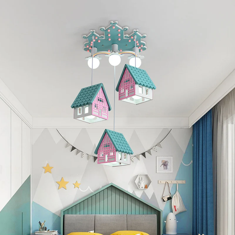 Huisvormige kinderkamer plafondlamp hout 6 lampen creatieve kroonluchter hanglamp Clearhalo