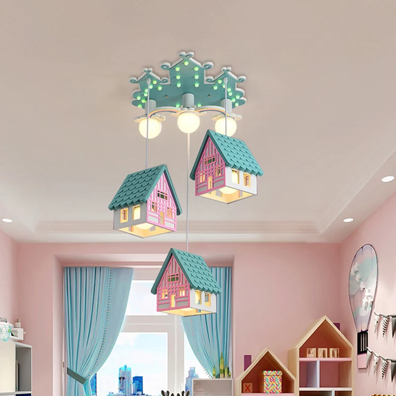 Huisvormige kinderkamer plafondlamp hout 6 lampen creatieve kroonluchter hanglamp Clearhalo