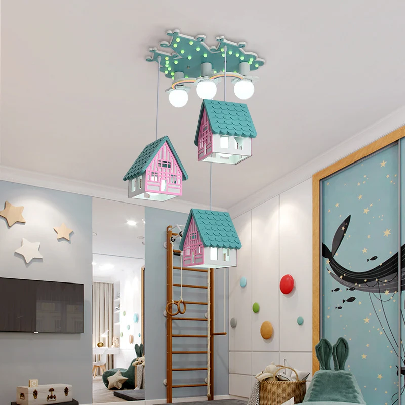 Huisvormige kinderkamer plafondlamp hout 6 lampen creatieve kroonluchter hanglamp Clearhalo