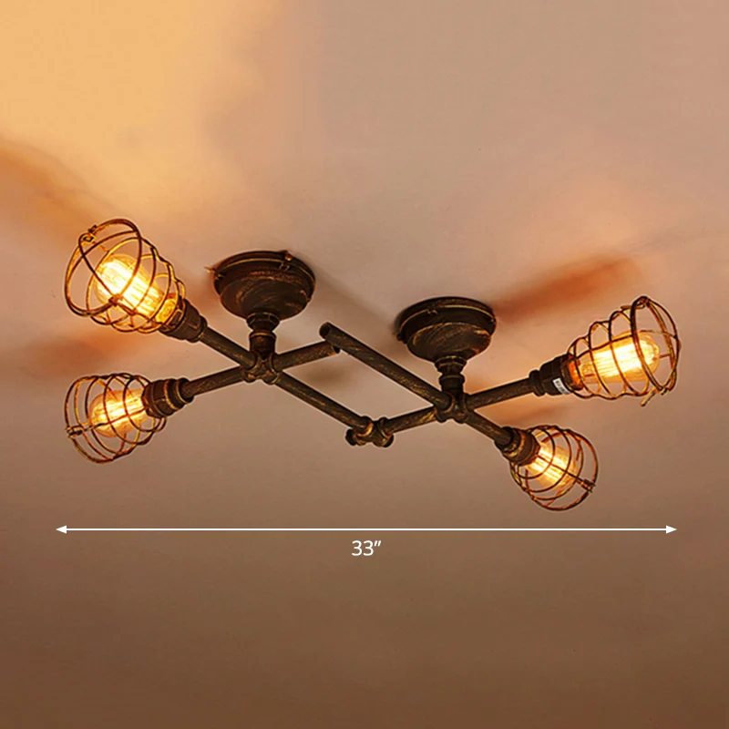 IJzeren gedraaide pijp semi-flush vintage koffieshop plafondlamp met kooi brons Clearhalo