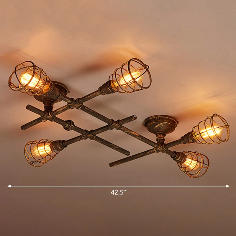 IJzeren gedraaide pijp semi-flush vintage koffieshop plafondlamp met kooi brons Clearhalo