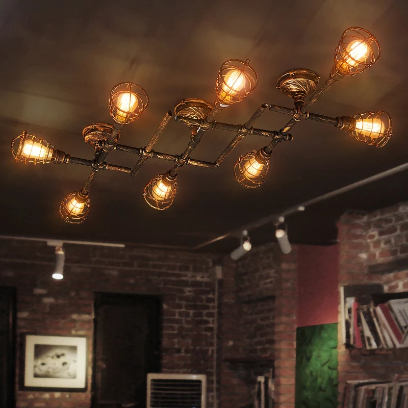 IJzeren gedraaide pijp semi-flush vintage koffieshop plafondlamp met kooi brons Clearhalo