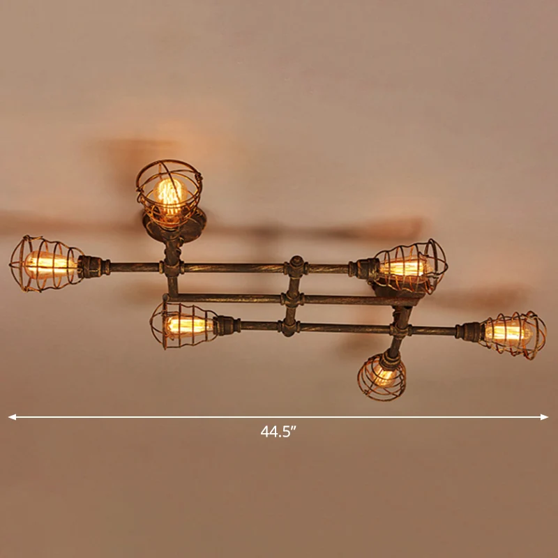 IJzeren gedraaide pijp semi-flush vintage koffieshop plafondlamp met kooi brons Clearhalo