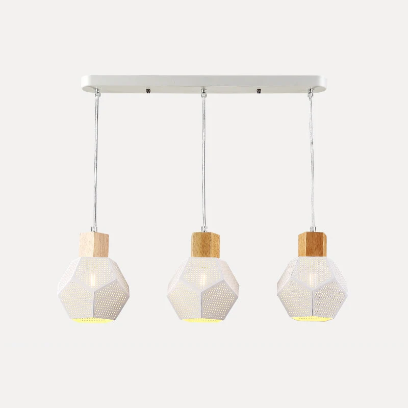 IJzeren gefacetteerde flesvormige hanglamp Scandinavische 3-lamps wit en hout multi-licht plafondlamp boven tafel Clearhalo