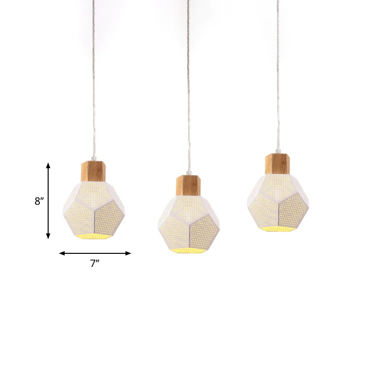IJzeren gefacetteerde flesvormige hanglamp Scandinavische 3-lamps wit en hout multi-licht plafondlamp boven tafel Clearhalo