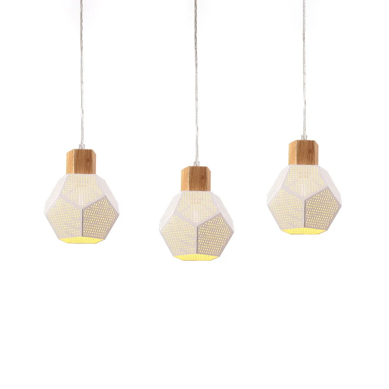 IJzeren gefacetteerde flesvormige hanglamp Scandinavische 3-lamps wit en hout multi-licht plafondlamp boven tafel Clearhalo