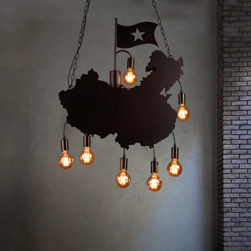 IJzeren paneel zwarte hanglampset Kaart- en vlagvorm 7 lampen Industriële eilandhanglamp Clearhalo