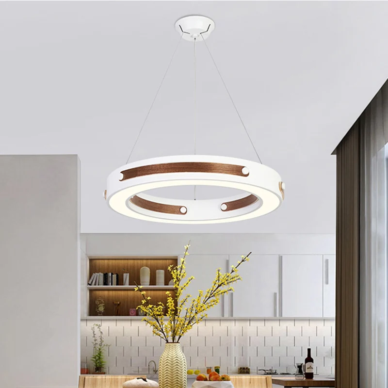 IJzeren ronde hangende verlichting modernistische LED witte hangende plafondlamp met houten details warm/wit licht, 21,5"/...