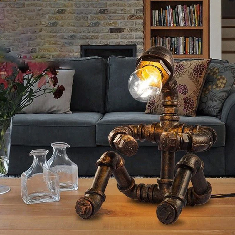 IJzeren zittende robot tafellamp Steampunk 1-koppige slaapkamer nachtkastje verlichting brons Clearhalo