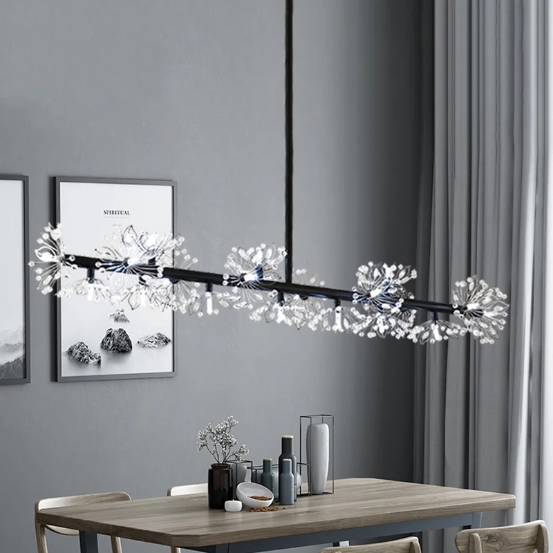 IJzeren zwarte hanglamp Lineaire 19-koppige moderne eilandhanglamp met kristallen kralenbloemdecor Clearhalo
