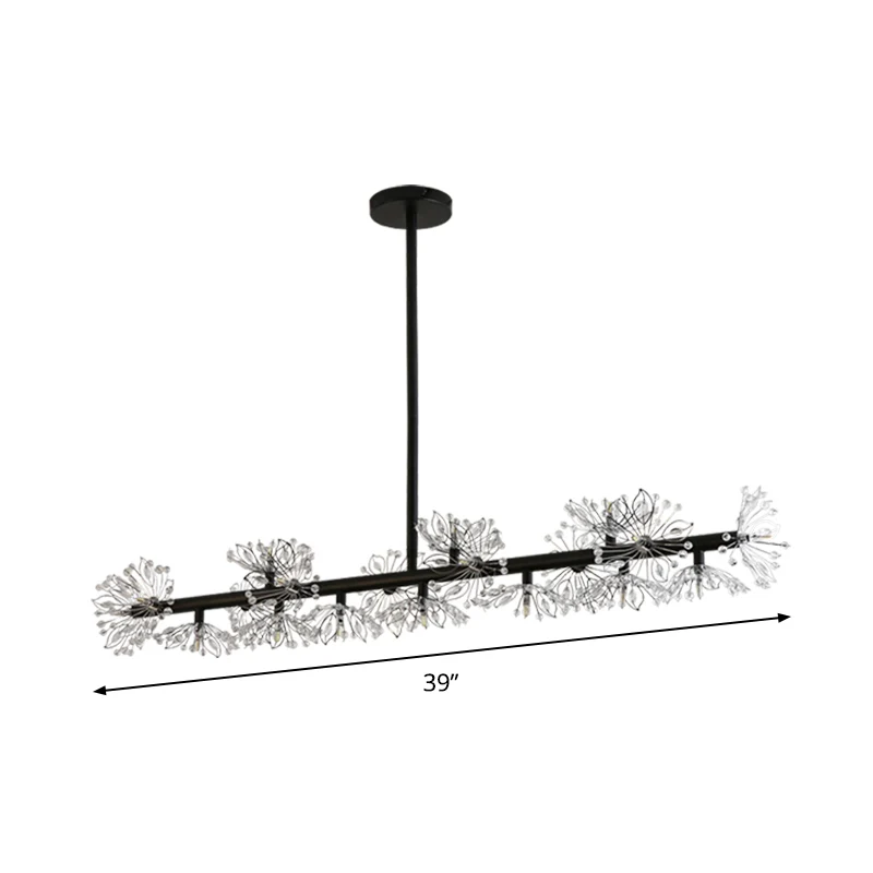 IJzeren zwarte hanglamp Lineaire 19-koppige moderne eilandhanglamp met kristallen kralenbloemdecor Clearhalo