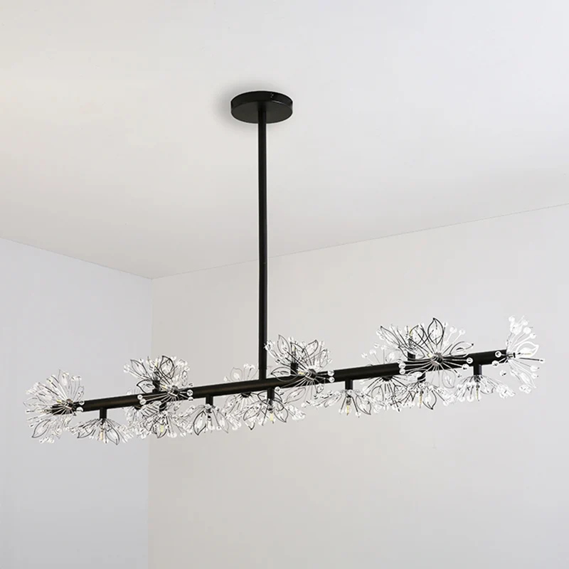 IJzeren zwarte hanglamp Lineaire 19-koppige moderne eilandhanglamp met kristallen kralenbloemdecor Clearhalo