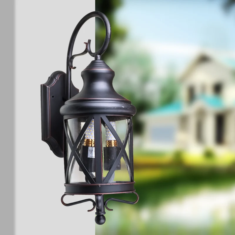 Ijzeren zwarte wandverlichtingsarmatuur Lantaarn 2 lampen Landelijke wandkandelaar met helderglazen kap Clearhalo