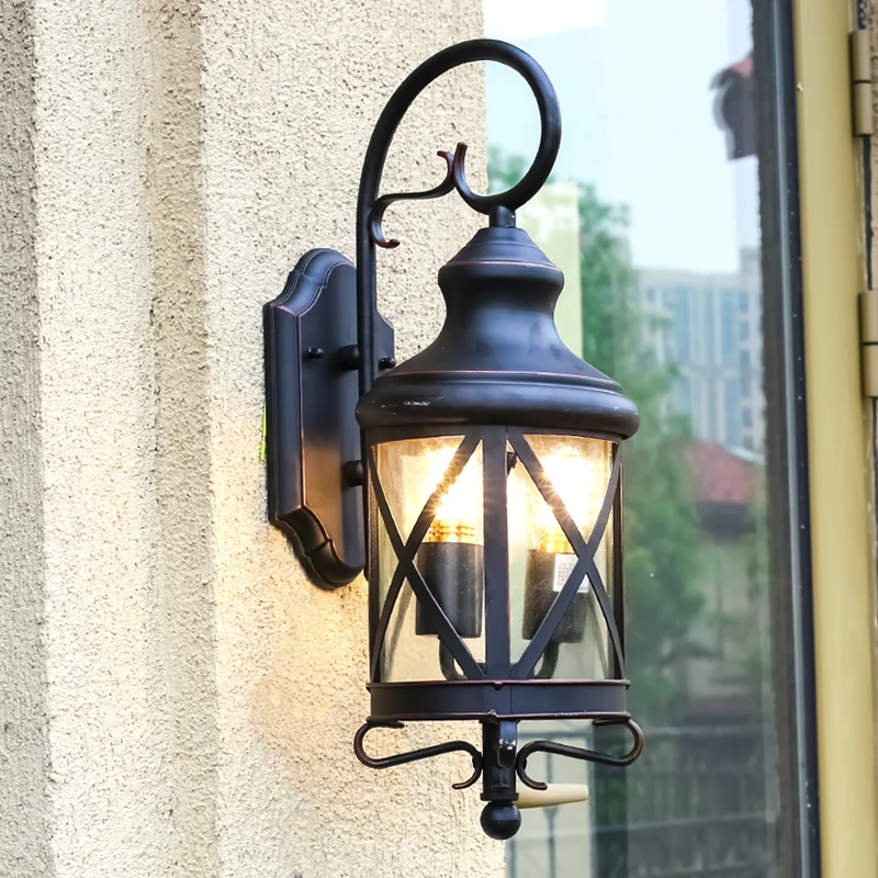 Ijzeren zwarte wandverlichtingsarmatuur Lantaarn 2 lampen Landelijke wandkandelaar met helderglazen kap Clearhalo