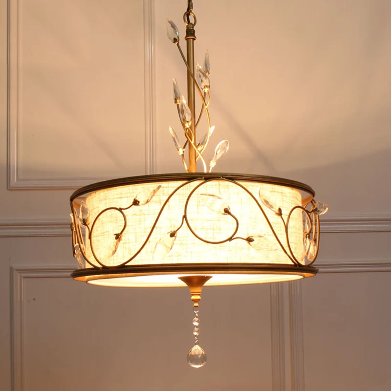 Ijzergouden plafondkroonluchter 16"/19,5" diam. 3-lichts ronde antieke ophanghanger met kristallen accent en stoffen kap C...