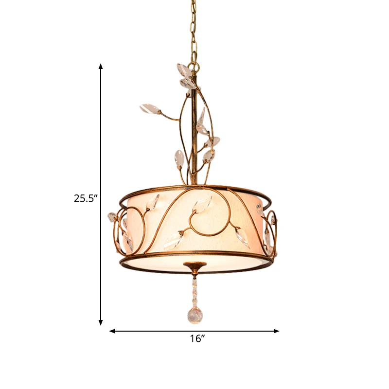 Ijzergouden plafondkroonluchter 16"/19,5" diam. 3-lichts ronde antieke ophanghanger met kristallen accent en stoffen kap C...