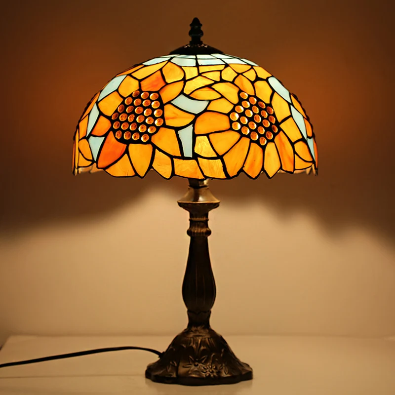 18 inch rustieke zonnebloem bureaulamp met schakelaar/geen schakelaar glas--lood 1 kop oranje bureaulamp voor studeerkamer...