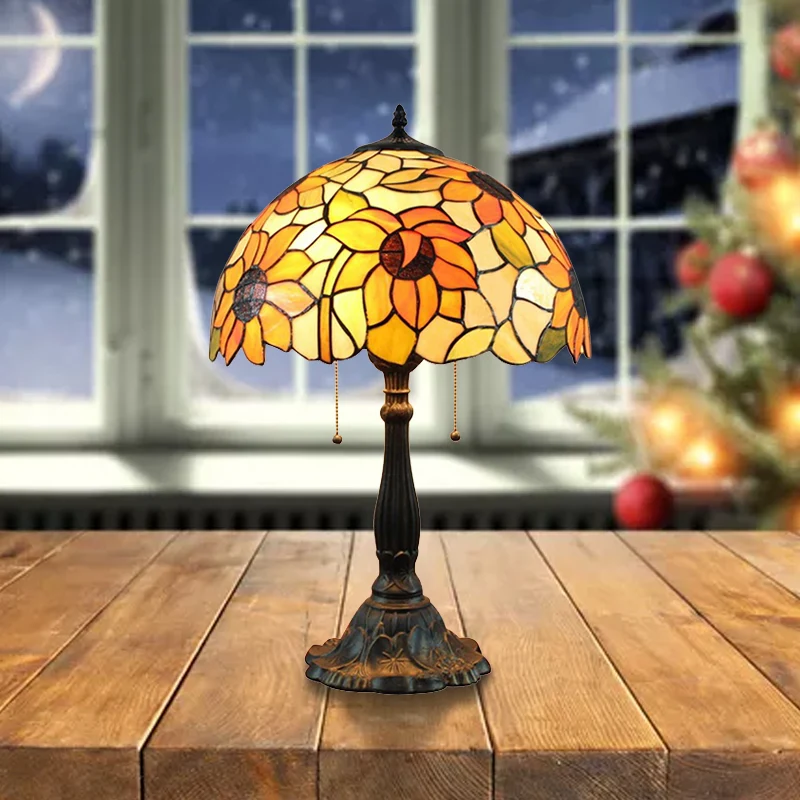 18 inch rustieke zonnebloem bureaulamp met schakelaar/geen schakelaar glas--lood 1 kop oranje bureaulamp voor studeerkamer...