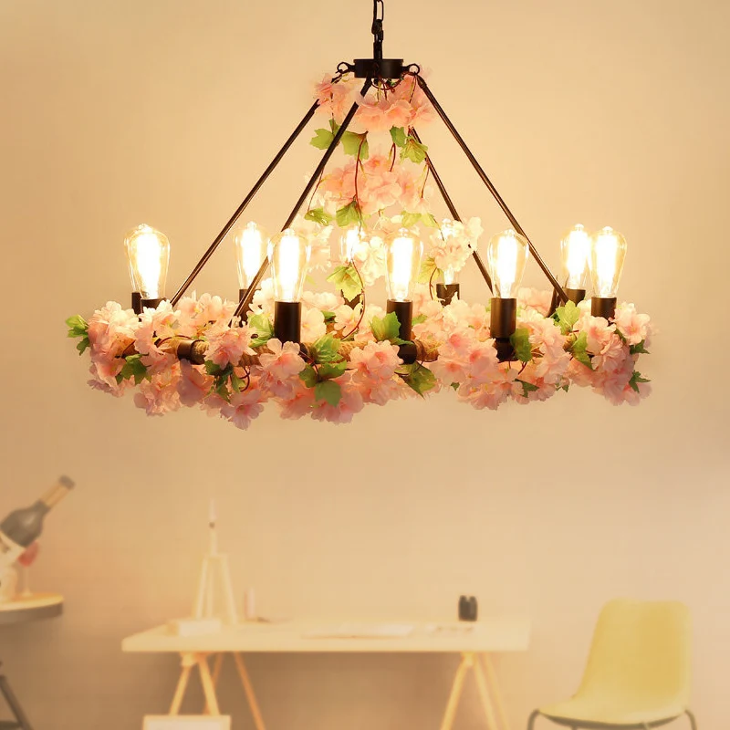 Industriële blad-/bloemeneilandverlichting 10 lampen metalen LED-hanglamp roze/groen voor restaurant Clearhalo