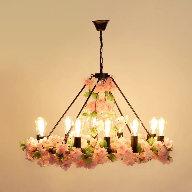 Industriële blad-/bloemeneilandverlichting 10 lampen metalen LED-hanglamp roze/groen voor restaurant Clearhalo