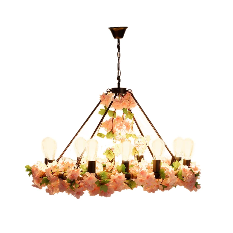 Industriële blad-/bloemeneilandverlichting 10 lampen metalen LED-hanglamp roze/groen voor restaurant Clearhalo