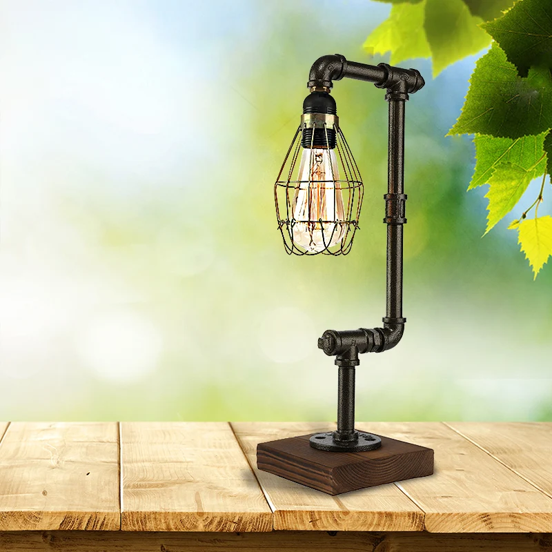 Industriële draadkooi-tafelverlichting met pijp 1 Staande tafellamp van metaal en hout zwart Clearhalo