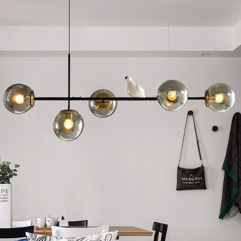Industriële eilandhanglamp met 5 lampen en amber/melkwit/rookgrijs glazen kap Messing bolplafondlamp met verstelbaar snoer...
