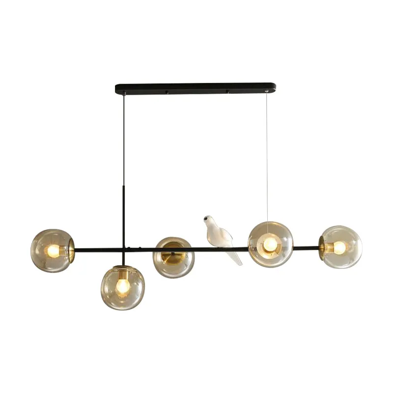 Industriële eilandhanglamp met 5 lampen en amber/melkwit/rookgrijs glazen kap Messing bolplafondlamp met verstelbaar snoer...
