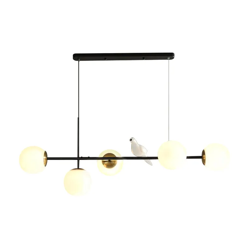 Industriële eilandhanglamp met 5 lampen en amber/melkwit/rookgrijs glazen kap Messing bolplafondlamp met verstelbaar snoer...