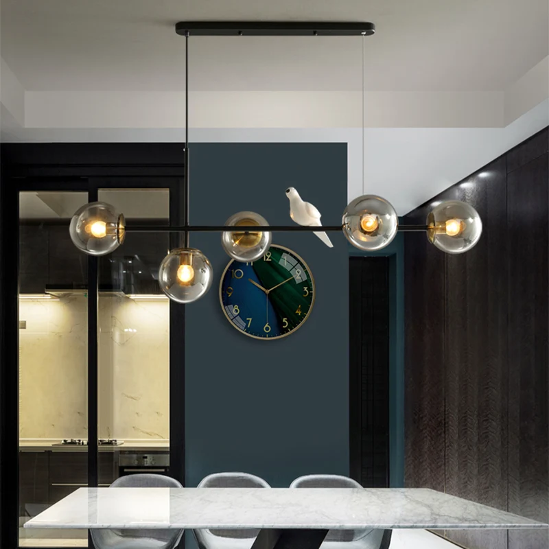 Industriële eilandhanglamp met 5 lampen en amber/melkwit/rookgrijs glazen kap Messing bolplafondlamp met verstelbaar snoer...