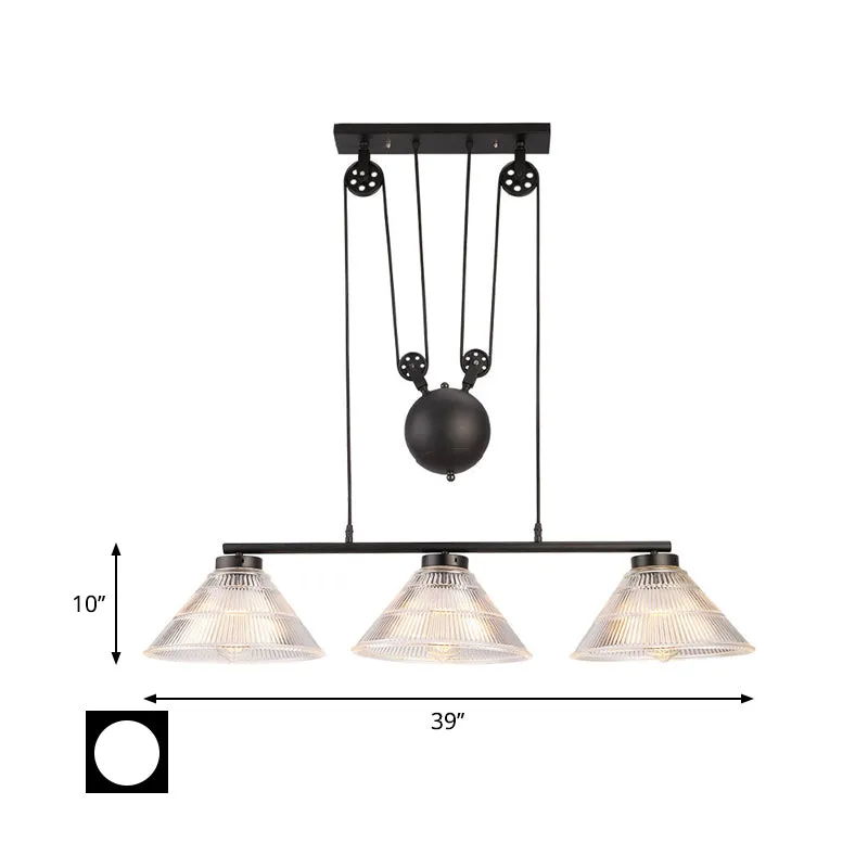 Industriële kegelhangende pendel 2/3-lichts prismatische glazen eilandlamp zwart met verstelbare katrol Clearhalo