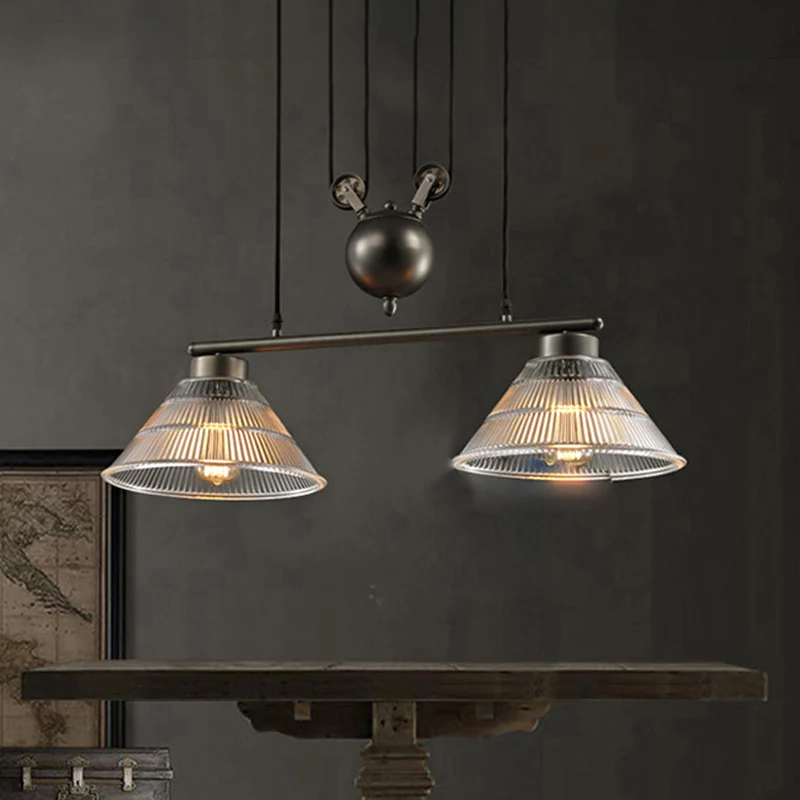 Industriële kegelhangende pendel 2/3-lichts prismatische glazen eilandlamp zwart met verstelbare katrol Clearhalo