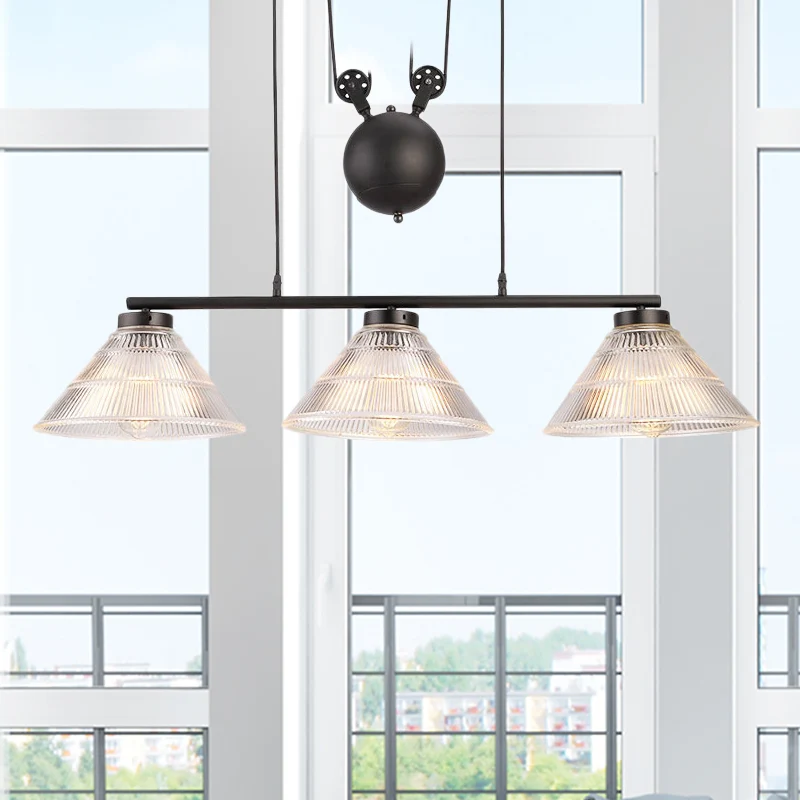 Industriële kegelhangende pendel 2/3-lichts prismatische glazen eilandlamp zwart met verstelbare katrol Clearhalo