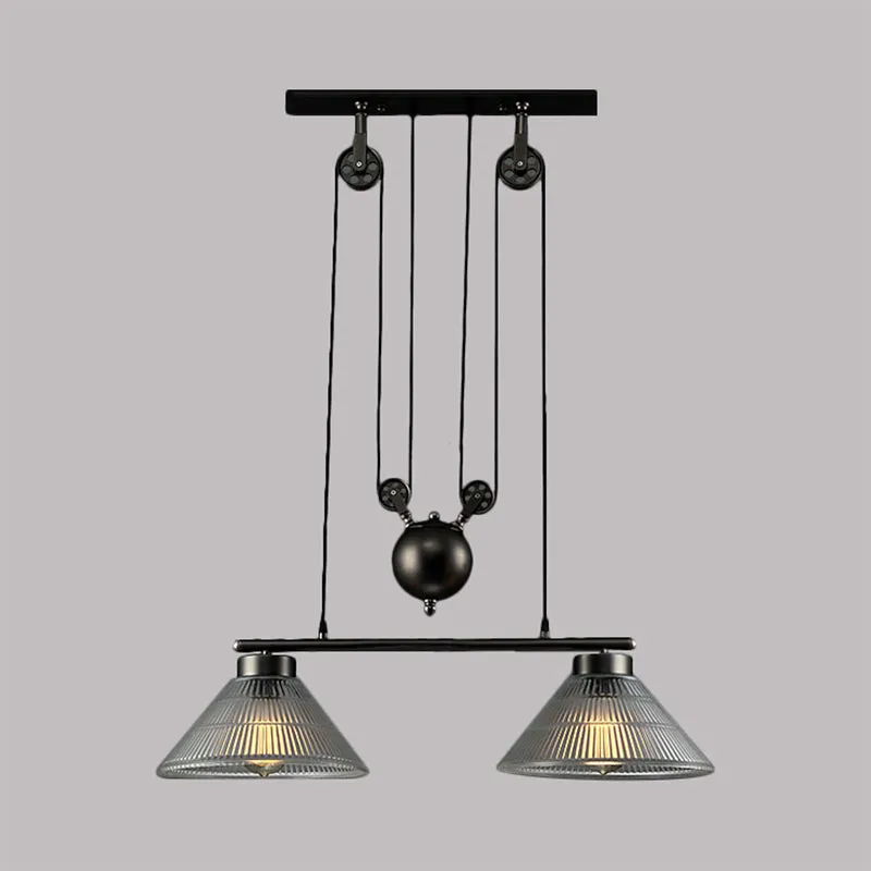 Industriële kegelhangende pendel 2/3-lichts prismatische glazen eilandlamp zwart met verstelbare katrol Clearhalo