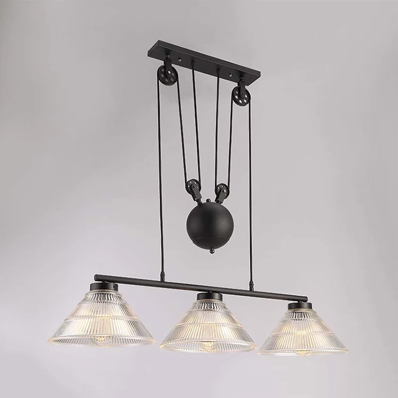 Industriële kegelhangende pendel 2/3-lichts prismatische glazen eilandlamp zwart met verstelbare katrol Clearhalo