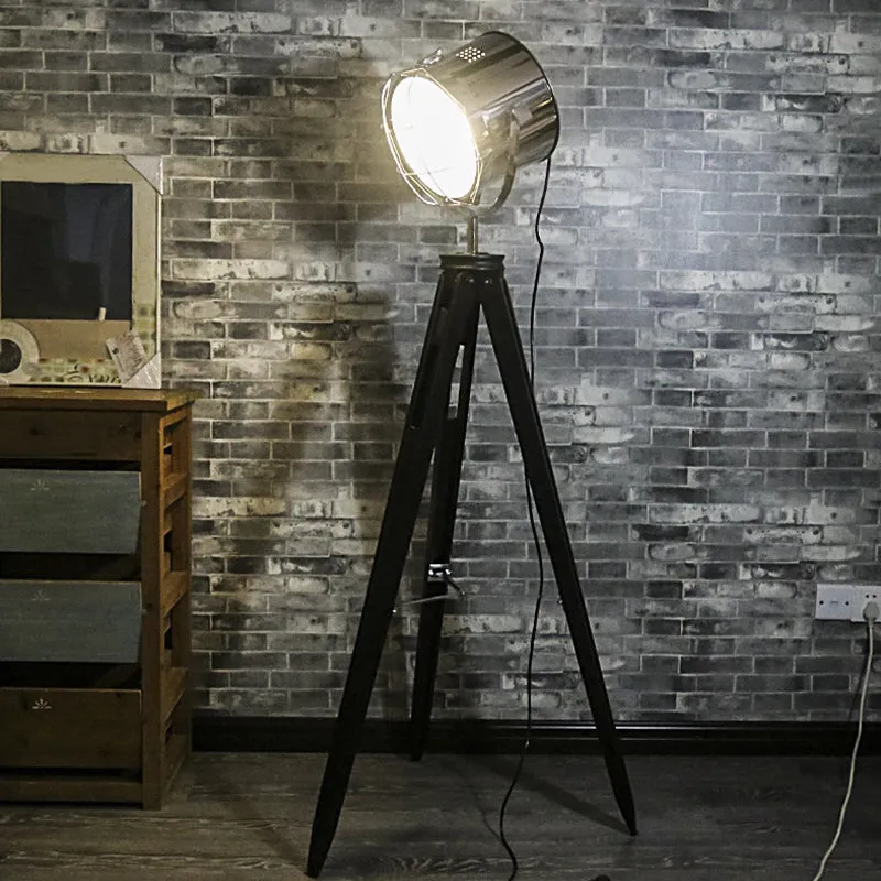 Industriële Loft Tripod Flood Spotlight 1 staande staande lamp van metaal en hout zwart/wit voor studio Clearhalo