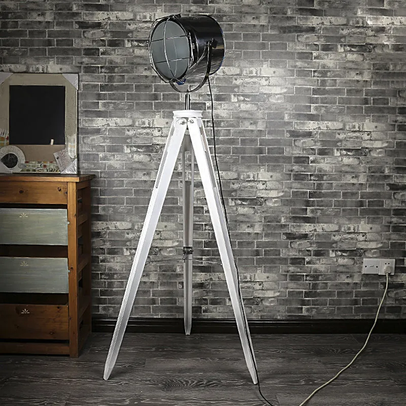 Industriële Loft Tripod Flood Spotlight 1 staande staande lamp van metaal en hout zwart/wit voor studio Clearhalo