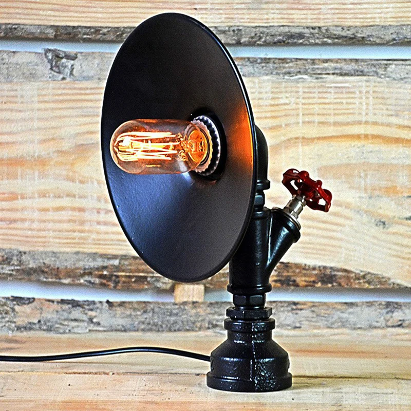 Industriële nachtlamp met uitlopende schaduw, ijzeren tafellamp met 1 lamp zwart met decoratieve rode klep Clearhalo