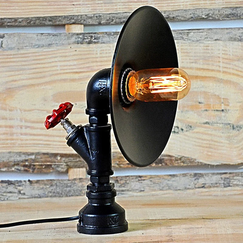 Industriële nachtlamp met uitlopende schaduw, ijzeren tafellamp met 1 lamp zwart met decoratieve rode klep Clearhalo